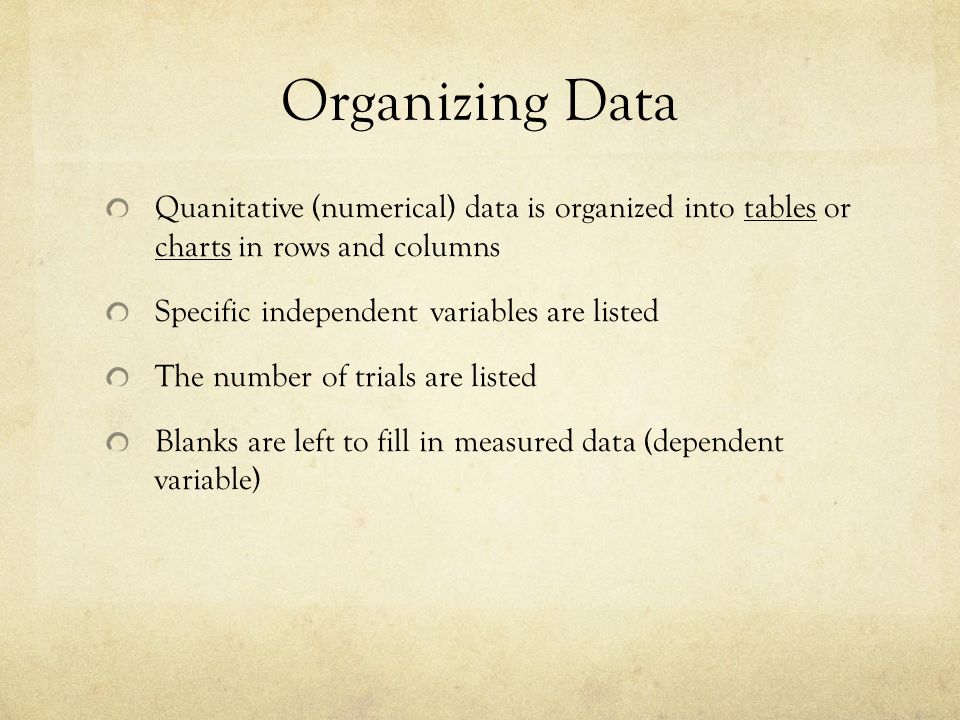 Organizing Data Quanitative (numerical) data is organized into tables or charts in rows and columns Specific independent variables are listed The number of trials are listed Blanks are left to fill in measured data (dependent variable)
