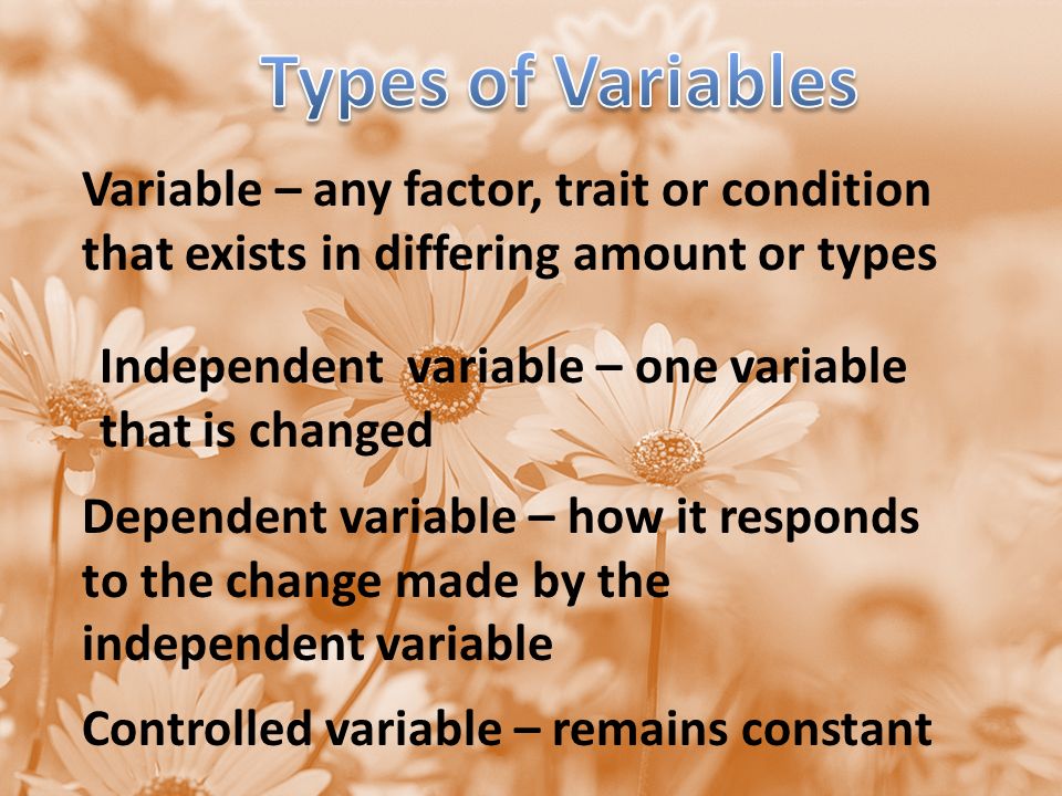 Variable – any factor, trait or condition that exists in differing amount or types Independent variable – one variable that is changed Dependent variable – how it responds to the change made by the independent variable Controlled variable – remains constant