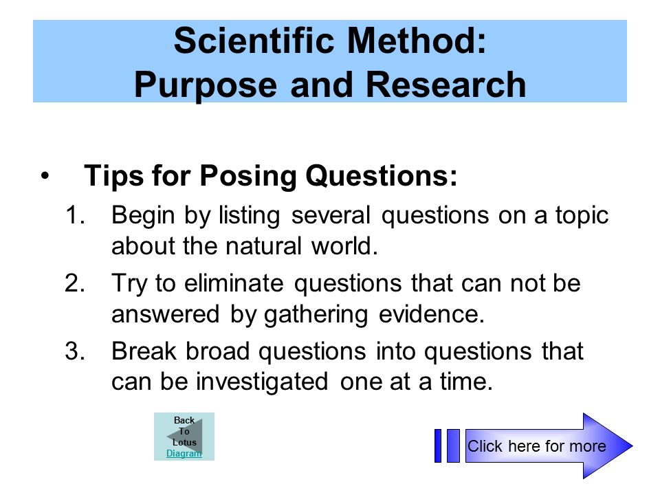 Scientific Method: Purpose and Research Tips for Posing Questions: 1.Begin by listing several questions on a topic about the natural world.