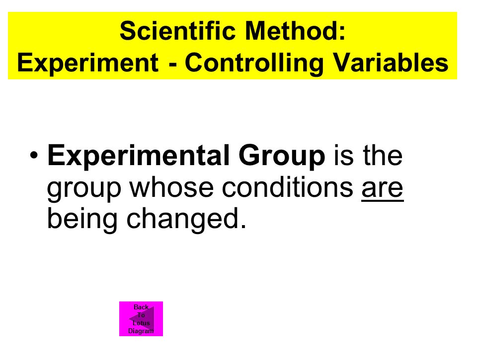 Scientific Method: Experiment - Controlling Variables Experimental Group is the group whose conditions are being changed.