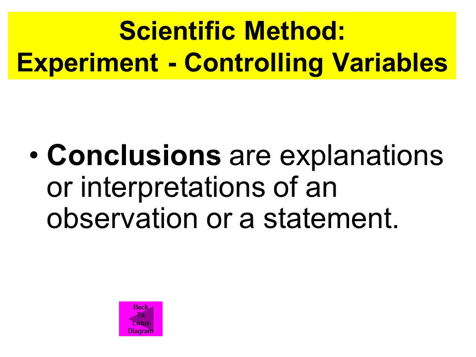 Scientific Method: Experiment - Controlling Variables Conclusions are explanations or interpretations of an observation or a statement.