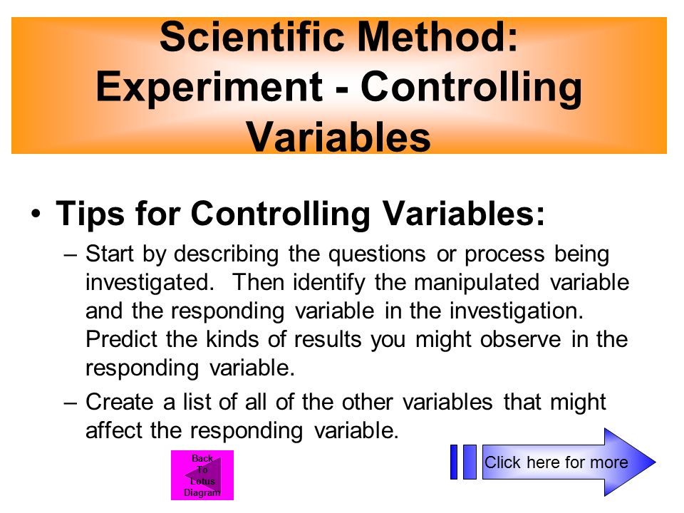 Tips for Controlling Variables: –Start by describing the questions or process being investigated.