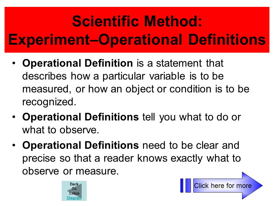Scientific Method: Experiment–Operational Definitions Operational Definition is a statement that describes how a particular variable is to be measured, or how an object or condition is to be recognized.