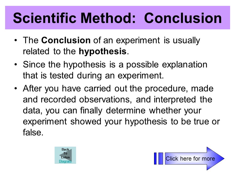 Scientific Method: Conclusion The Conclusion of an experiment is usually related to the hypothesis.