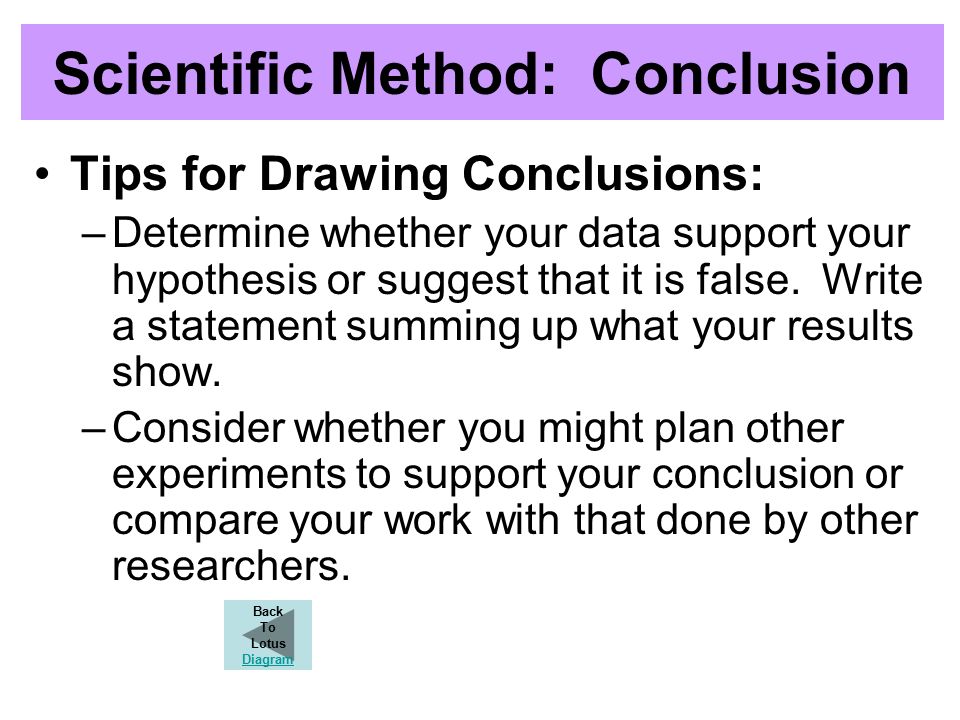 Scientific Method: Conclusion Tips for Drawing Conclusions: –Determine whether your data support your hypothesis or suggest that it is false.