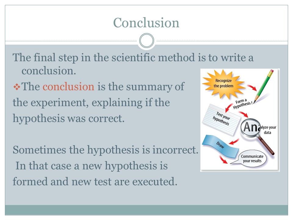 Conclusion The final step in the scientific method is to write a conclusion.