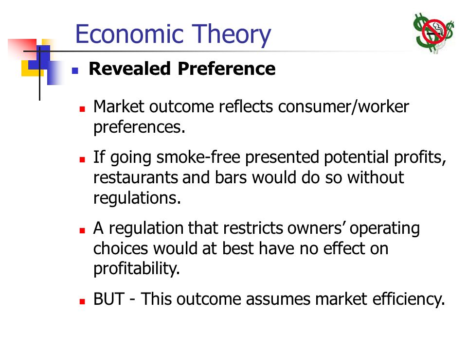 Economic Theory Revealed Preference Market outcome reflects consumer/worker preferences.