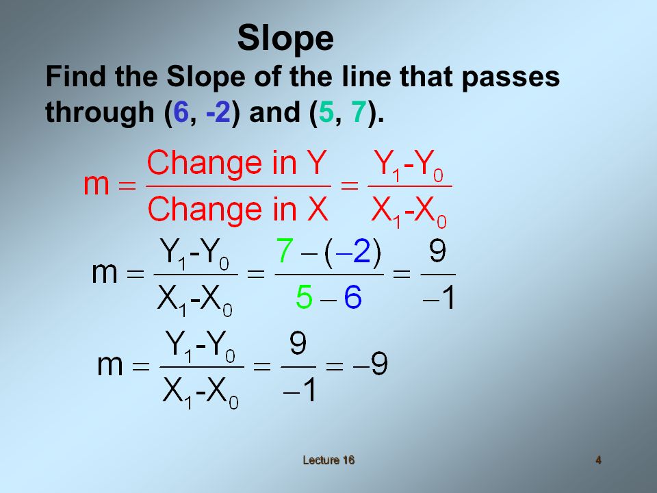 Lecture 164 Find the Slope of the line that passes through (6, -2) and (5, 7). Slope