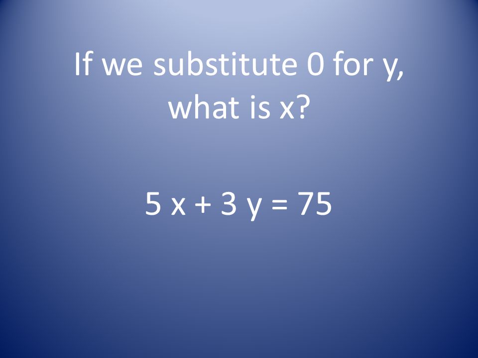 If we substitute 0 for y, what is x 5 x + 3 y = 75