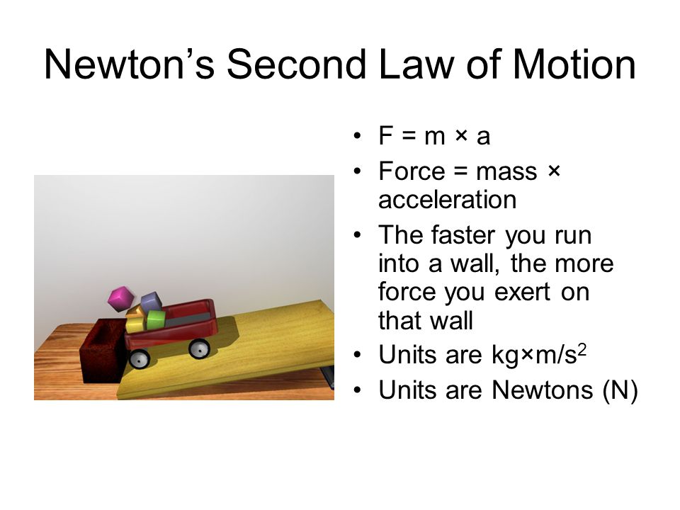Newton’s Second Law of Motion F = m × a Force = mass × acceleration The faster you run into a wall, the more force you exert on that wall Units are kg×m/s 2 Units are Newtons (N)