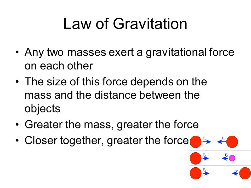 Law of Gravitation Any two masses exert a gravitational force on each other The size of this force depends on the mass and the distance between the objects Greater the mass, greater the force Closer together, greater the force