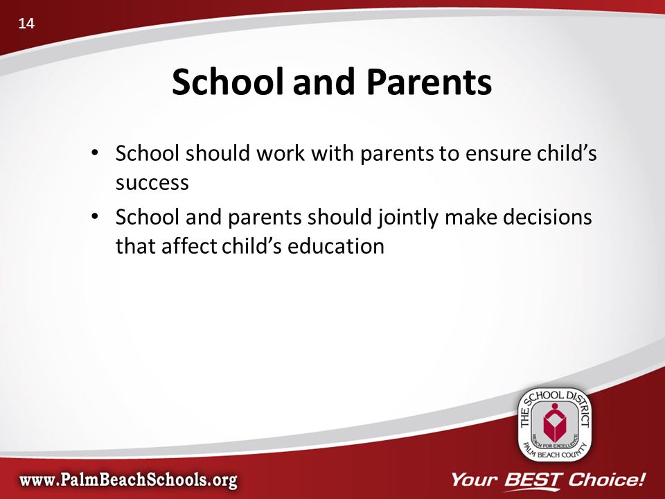 School should work with parents to ensure child’s success School and parents should jointly make decisions that affect child’s education School and Parents 14