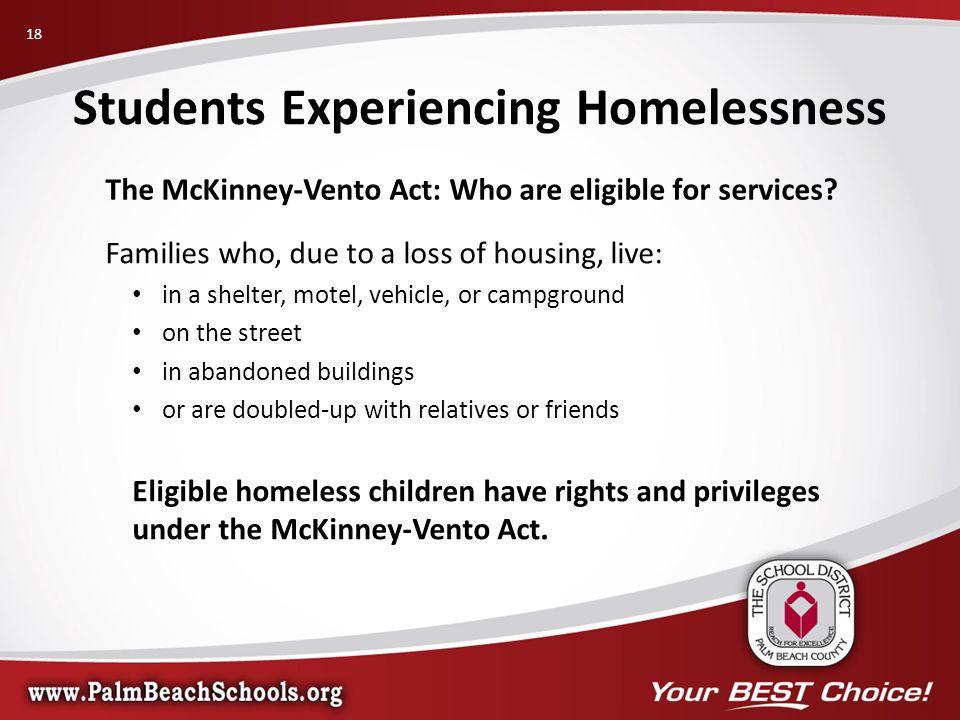 The McKinney-Vento Act: Who are eligible for services.