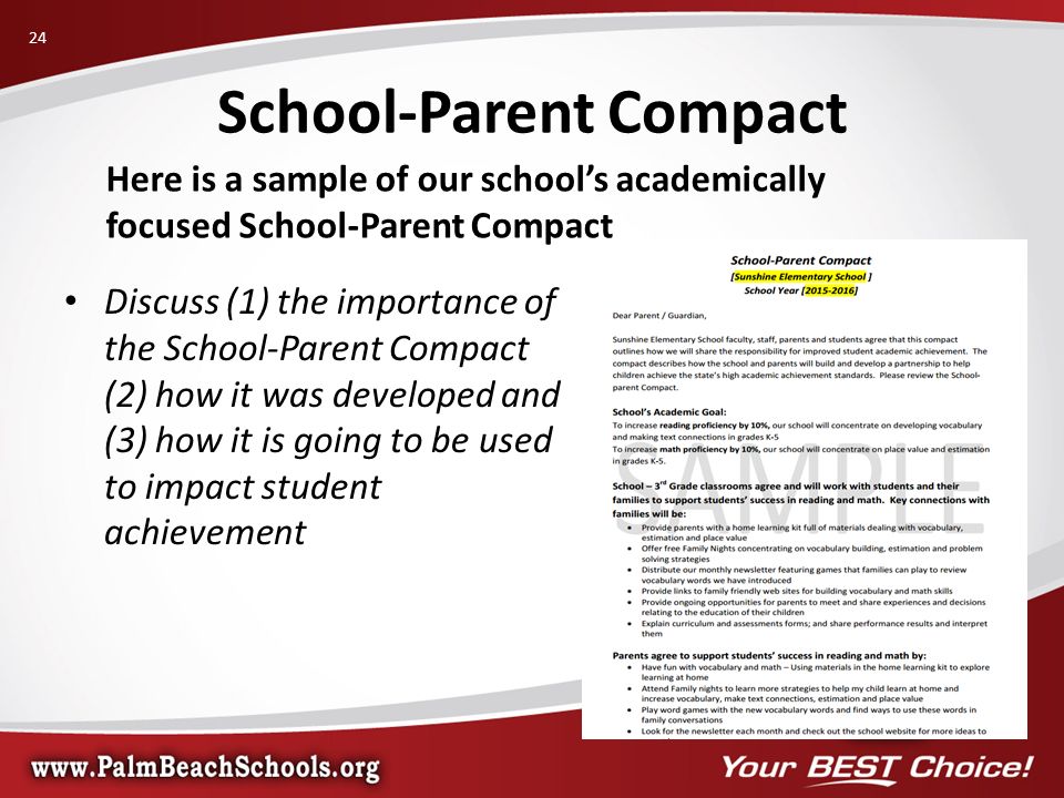 Here is a sample of our school’s academically focused School-Parent Compact Discuss (1) the importance of the School-Parent Compact (2) how it was developed and (3) how it is going to be used to impact student achievement School-Parent Compact 24