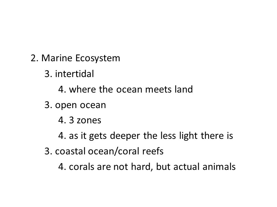 2. Marine Ecosystem 3. intertidal 4. where the ocean meets land 3.