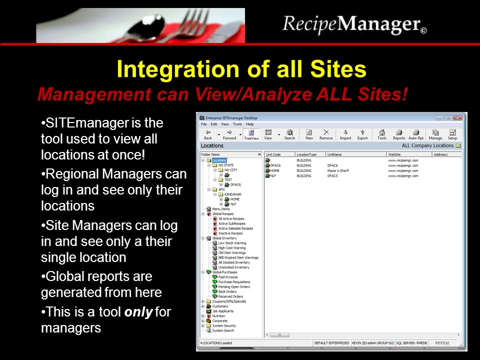 Integration of all Sites Management can View/Analyze ALL Sites.