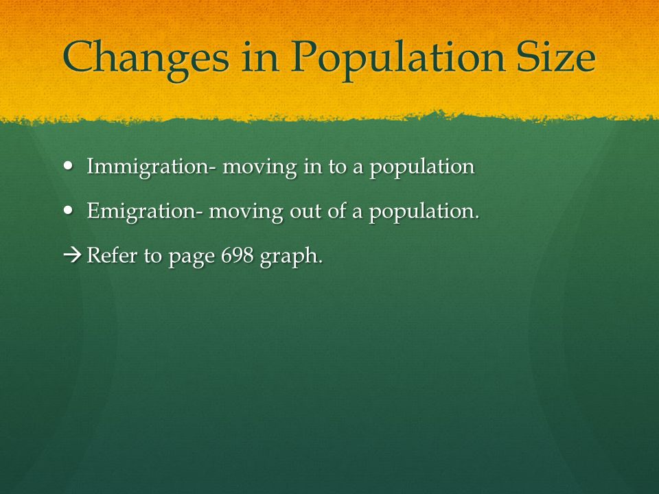 Changes in Population Size Immigration- moving in to a population Immigration- moving in to a population Emigration- moving out of a population.
