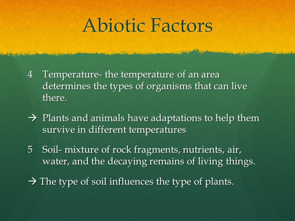 Abiotic Factors 4Temperature- the temperature of an area determines the types of organisms that can live there.