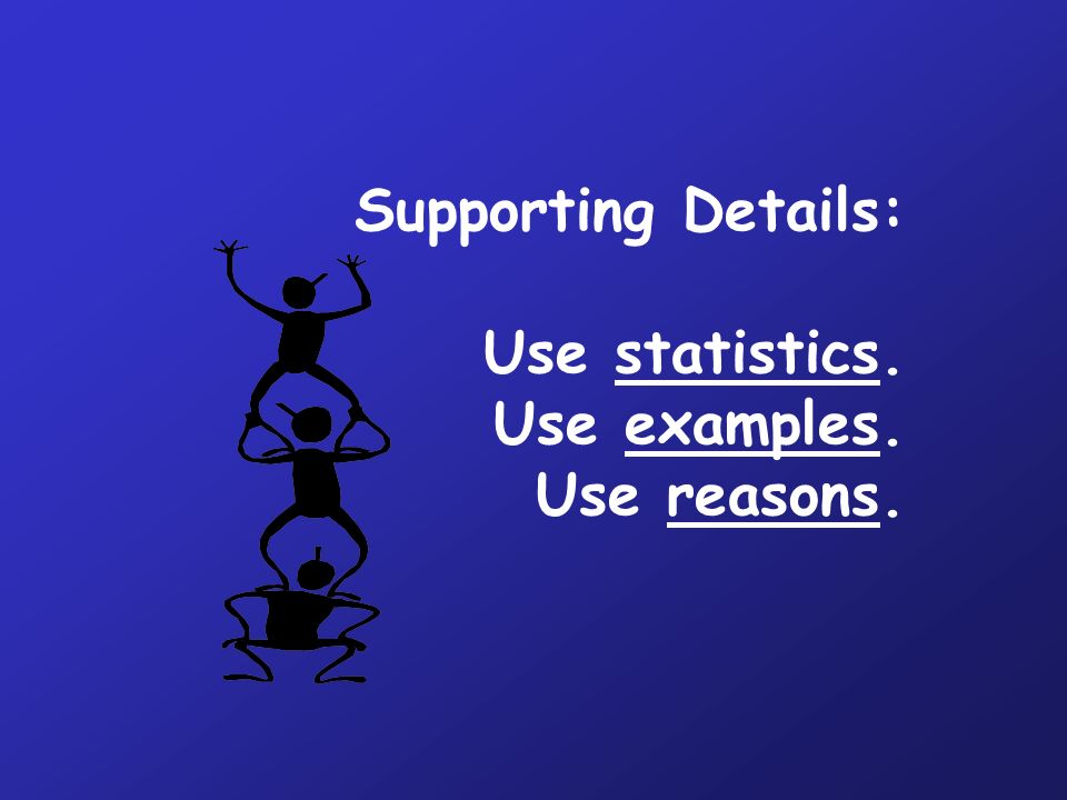 Supporting Details: Use statistics. Use examples. Use reasons.