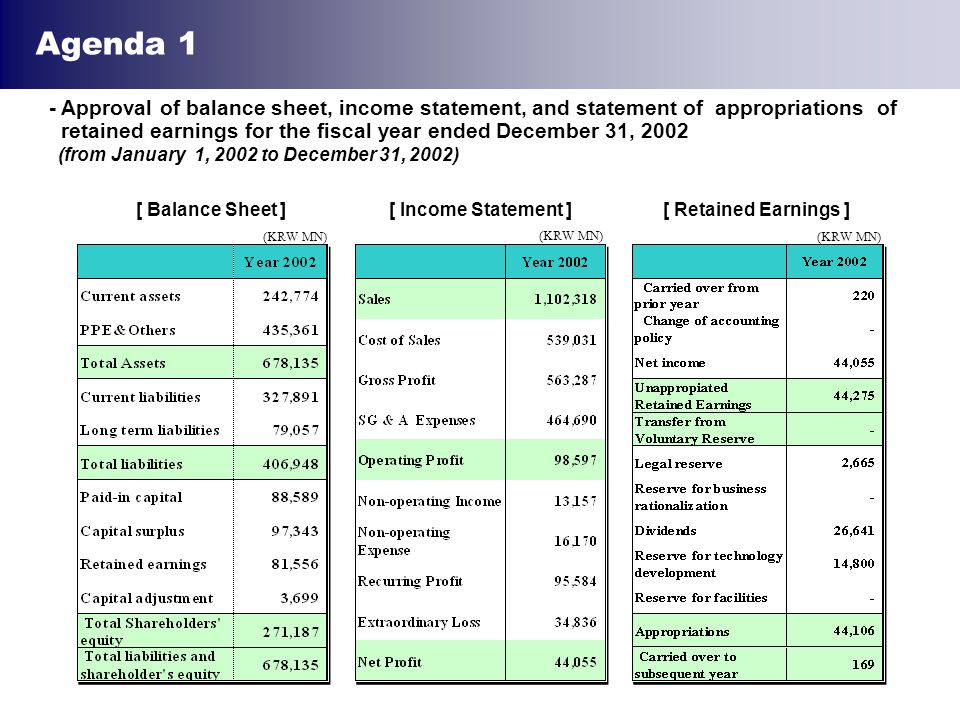 - Approval of balance sheet, income statement, and statement of appropriations of retained earnings for the fiscal year ended December 31, 2002 (from January 1, 2002 to December 31, 2002) [ Balance Sheet ][ Income Statement ][ Retained Earnings ] (KRW MN) Agenda 1