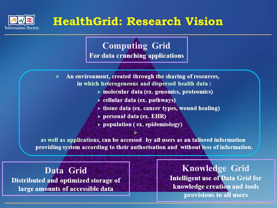 HealthGrid: Research Vision  An environment, created through the sharing of resources, in which heterogeneous and dispersed health data :  molecular data (ex.