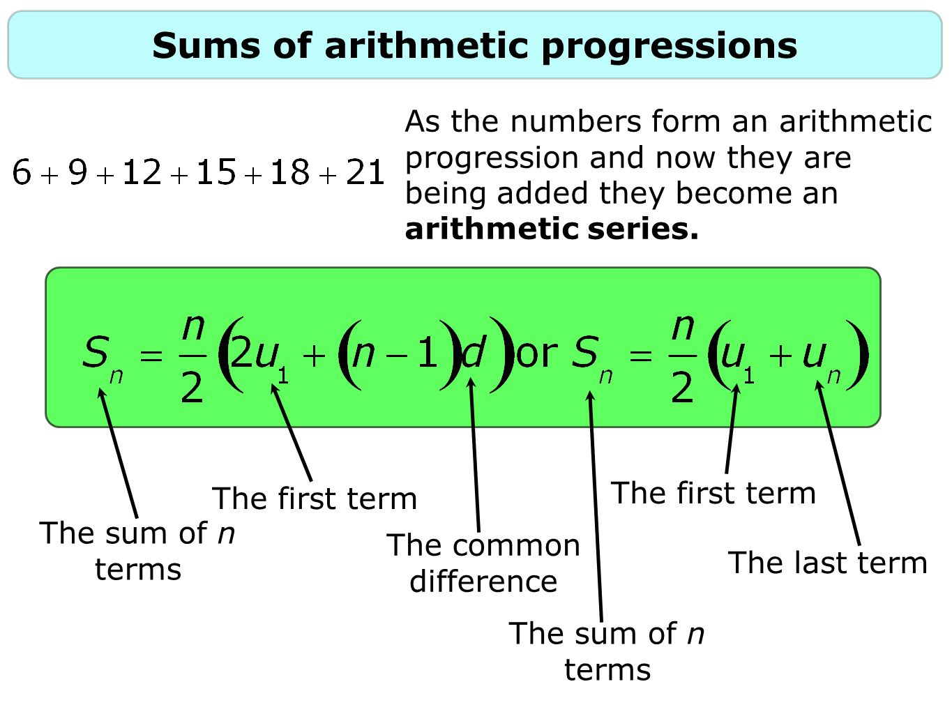 Sums of arithmetic progressions As the numbers form an arithmetic progression and now they are being added they become an arithmetic series.
