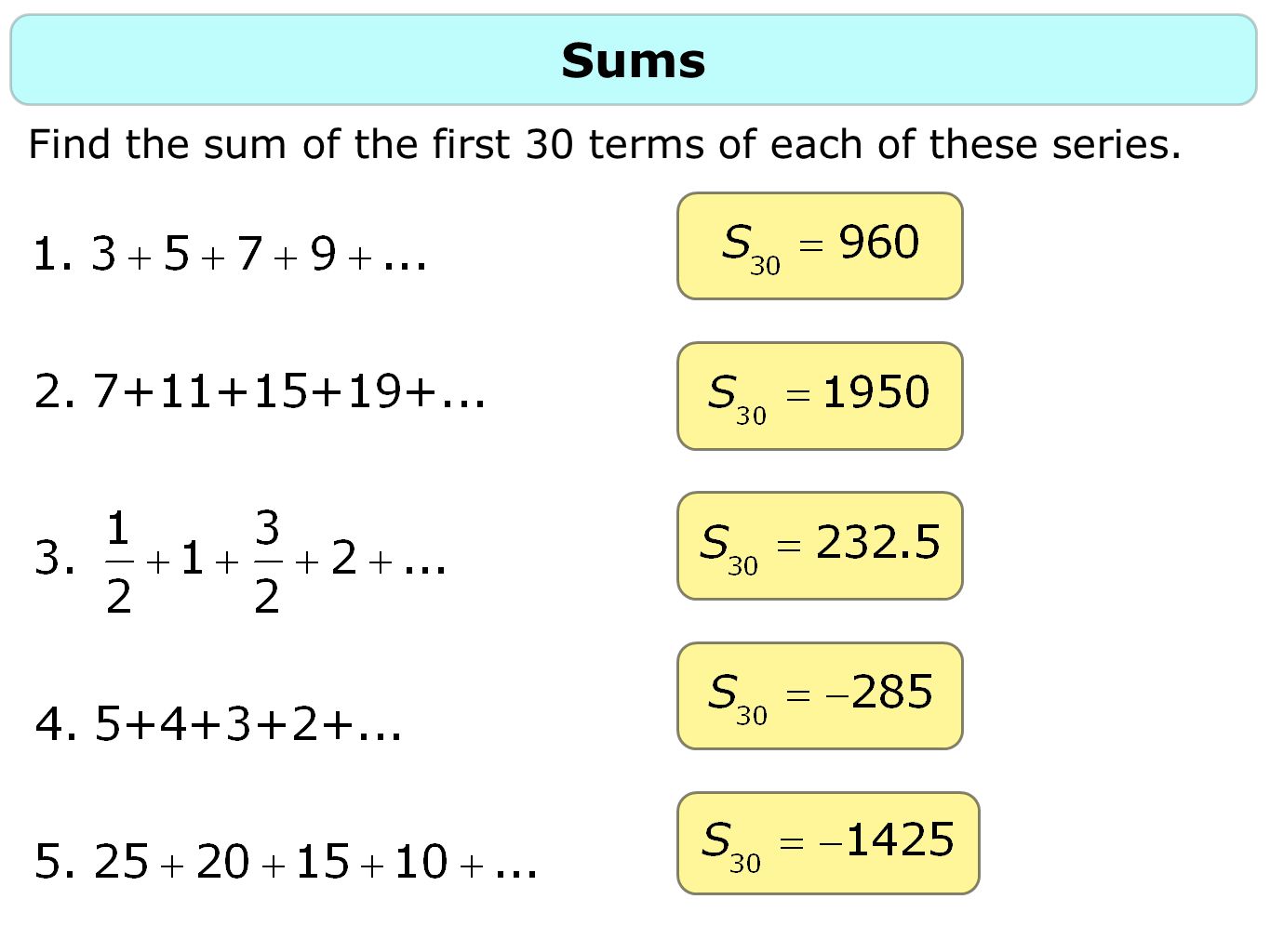 Sums Find the sum of the first 30 terms of each of these series.