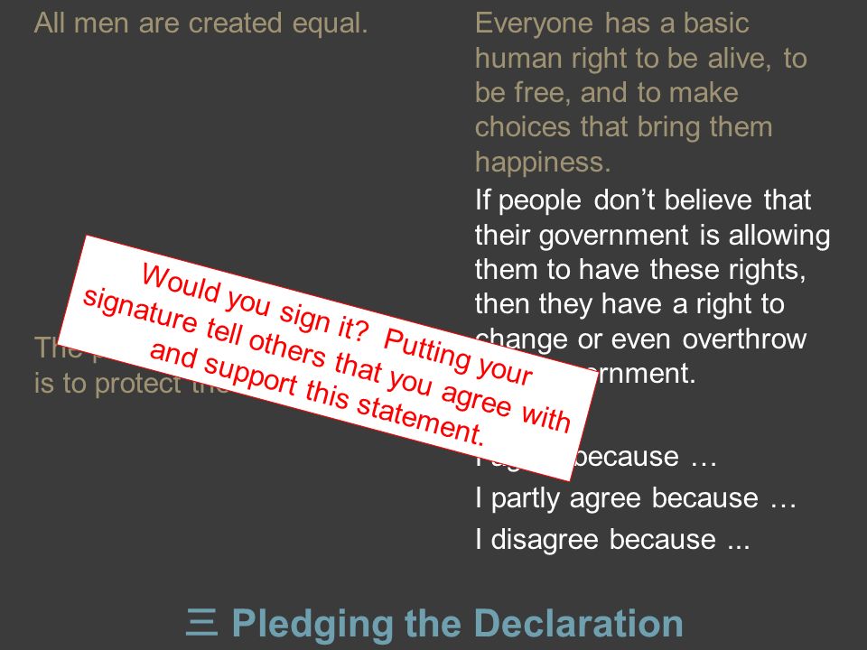 三 Pledging the Declaration All men are created equal.