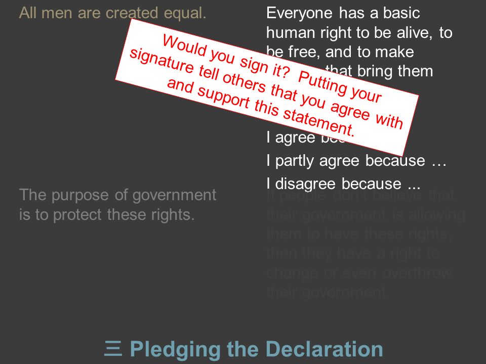 三 Pledging the Declaration All men are created equal.