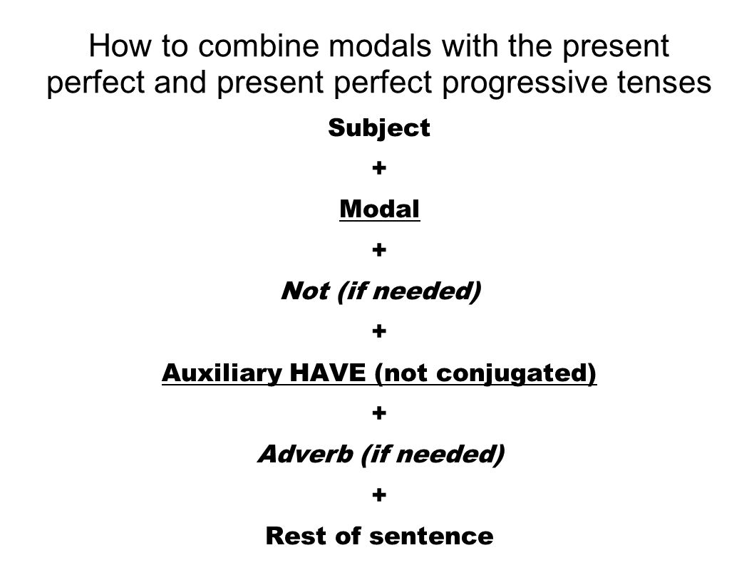 Subject + Modal + Not (if needed) + Auxiliary HAVE (not conjugated) + Adverb (if needed) + Rest of sentence How to combine modals with the present perfect and present perfect progressive tenses
