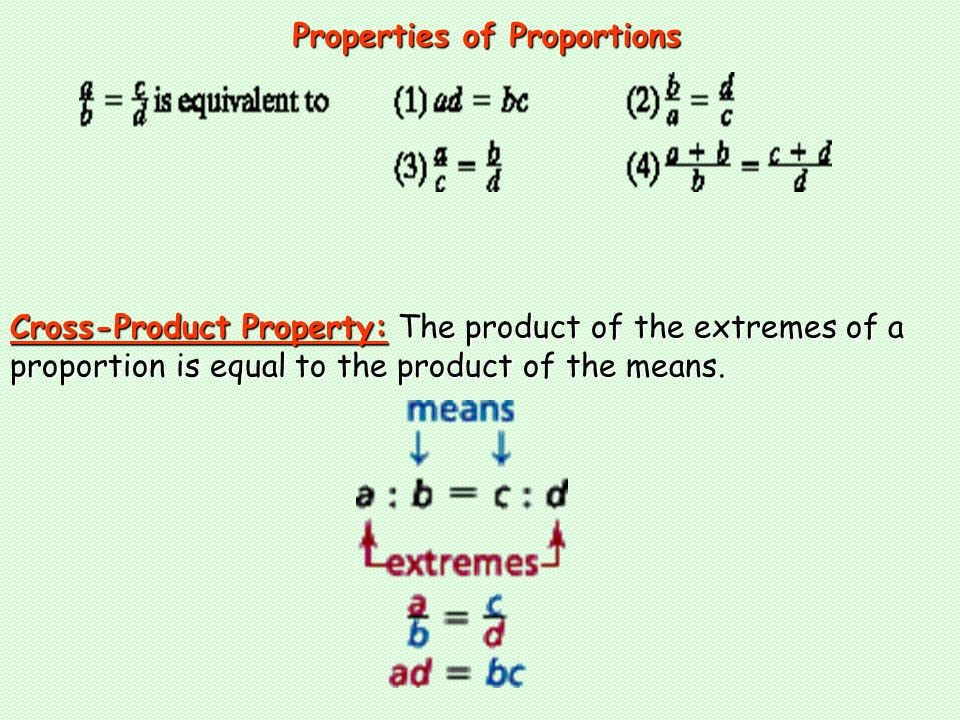 Properties of Proportions Properties of Proportions Cross-Product Property: The product of the extremes of a proportion is equal to the product of the means.