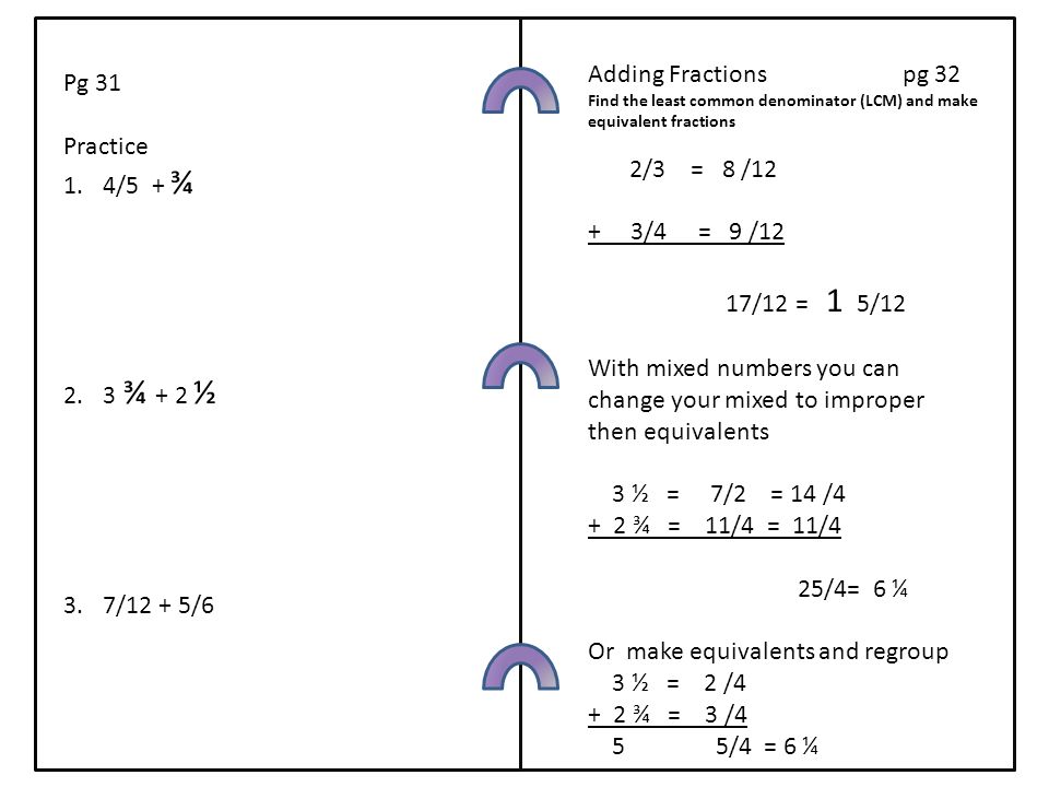 Adding Fractionspg 32 Find the least common denominator (LCM) and make equivalent fractions 2/3 = 8 /12 + 3/4 = 9 /12 17/12 = 1 5/12 With mixed numbers you can change your mixed to improper then equivalents 3 ½ = 7/2 = 14 /4 + 2 ¾ = 11/4 = 11/4 25/4= 6 ¼ Or make equivalents and regroup 3 ½ = 2 /4 + 2 ¾ = 3 /4 5 5/4 = 6 ¼ Pg 31 Practice 1.4/5 + ¾ 2.3 ¾ + 2 ½ 3.7/12 + 5/6