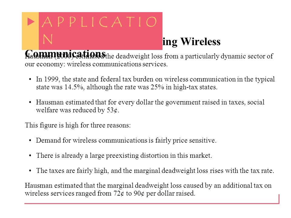 The Deadweight Loss of Taxing Wireless Communications  A P P L I C A T I O N Hausman (2000) estimated the deadweight loss from a particularly dynamic sector of our economy: wireless communications services.