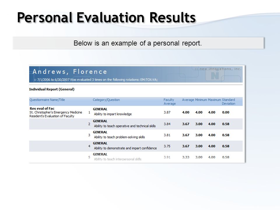 Below is an example of a personal report. Personal Evaluation Results