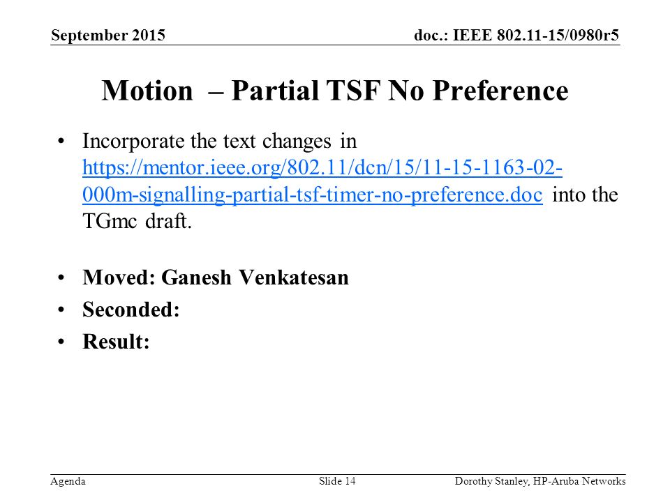 doc.: IEEE /0980r5 Agenda September 2015 Dorothy Stanley, HP-Aruba NetworksSlide 14 Motion – Partial TSF No Preference Incorporate the text changes in   000m-signalling-partial-tsf-timer-no-preference.doc into the TGmc draft.