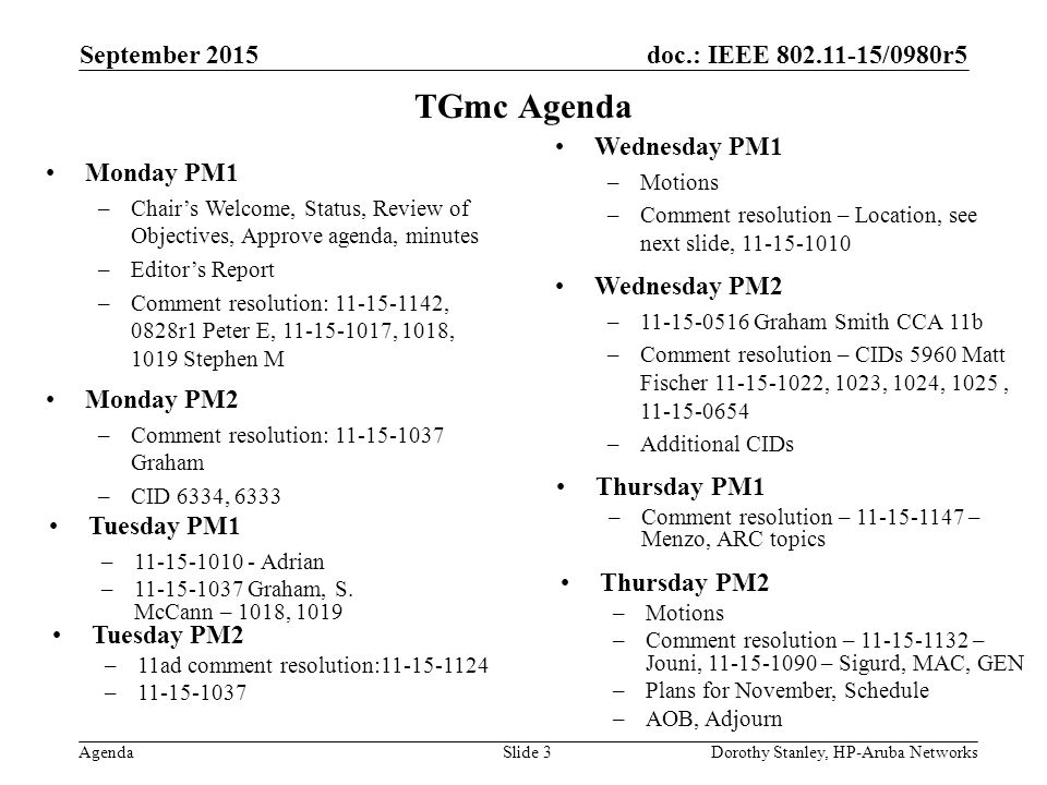 doc.: IEEE /0980r5 Agenda September 2015 Dorothy Stanley, HP-Aruba NetworksSlide 3 TGmc Agenda Monday PM1 –Chair’s Welcome, Status, Review of Objectives, Approve agenda, minutes –Editor’s Report –Comment resolution: , 0828r1 Peter E, , 1018, 1019 Stephen M Thursday PM1 –Comment resolution – – Menzo, ARC topics Tuesday PM2 –11ad comment resolution: – Thursday PM2 –Motions –Comment resolution – – Jouni, – Sigurd, MAC, GEN –Plans for November, Schedule –AOB, Adjourn Tuesday PM1 – Adrian – Graham, S.
