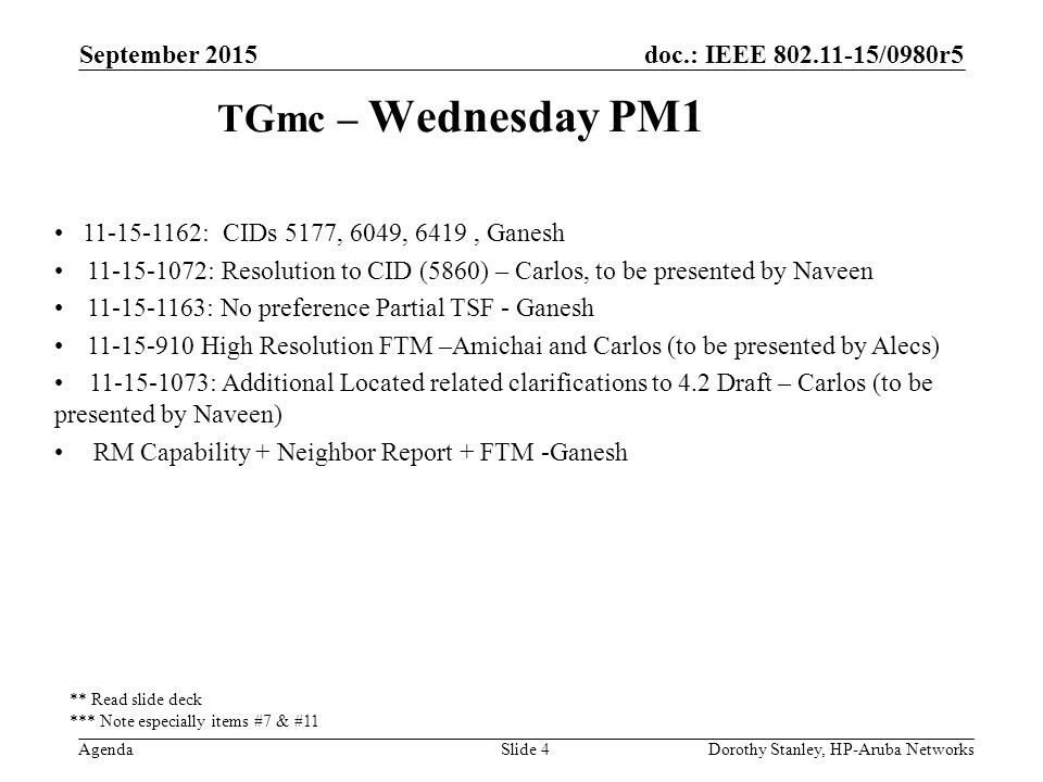 doc.: IEEE /0980r5 Agenda September 2015 Dorothy Stanley, HP-Aruba NetworksSlide 4 TGmc – Wednesday PM : CIDs 5177, 6049, 6419, Ganesh : Resolution to CID (5860) – Carlos, to be presented by Naveen : No preference Partial TSF - Ganesh High Resolution FTM –Amichai and Carlos (to be presented by Alecs) : Additional Located related clarifications to 4.2 Draft – Carlos (to be presented by Naveen) RM Capability + Neighbor Report + FTM -Ganesh ** Read slide deck *** Note especially items #7 & #11