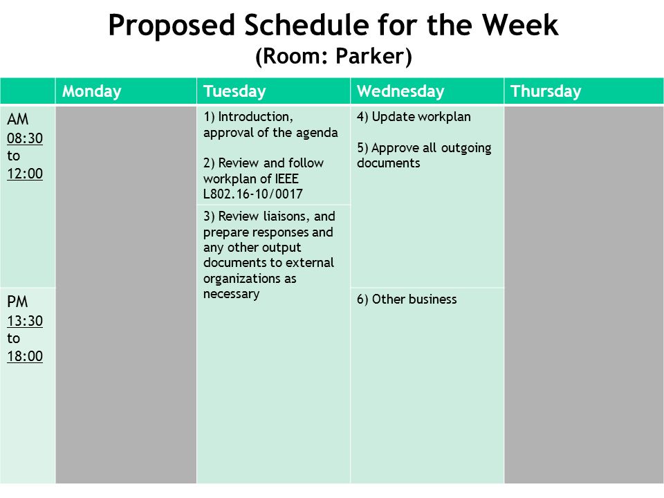Proposed Schedule for the Week (Room: Parker) MondayTuesdayWednesdayThursday AM 08:30 to 12:00 1) Introduction, approval of the agenda 2) Review and follow workplan of IEEE L /0017 4) Update workplan 5) Approve all outgoing documents 3) Review liaisons, and prepare responses and any other output documents to external organizations as necessary PM 13:30 to 18:00 6) Other business