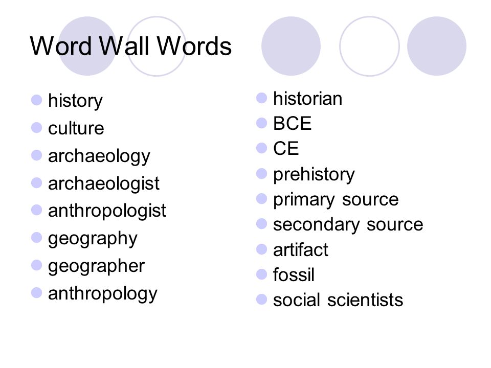 Word Wall Words history culture archaeology archaeologist anthropologist geography geographer anthropology historian BCE CE prehistory primary source secondary source artifact fossil social scientists