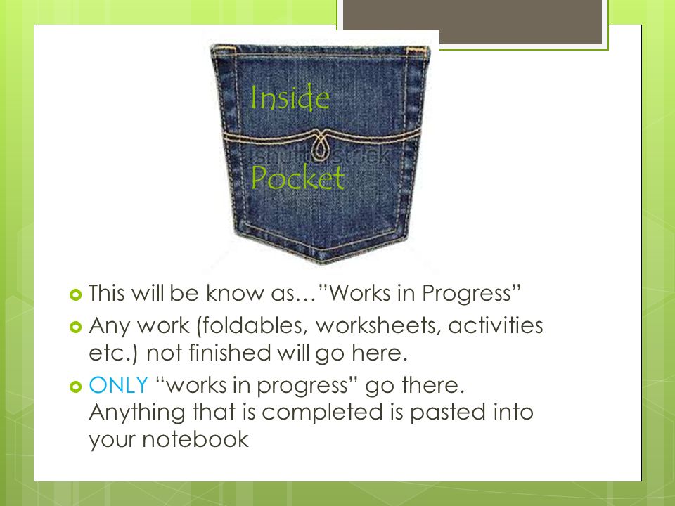 Inside Pocket  This will be know as… Works in Progress  Any work (foldables, worksheets, activities etc.) not finished will go here.