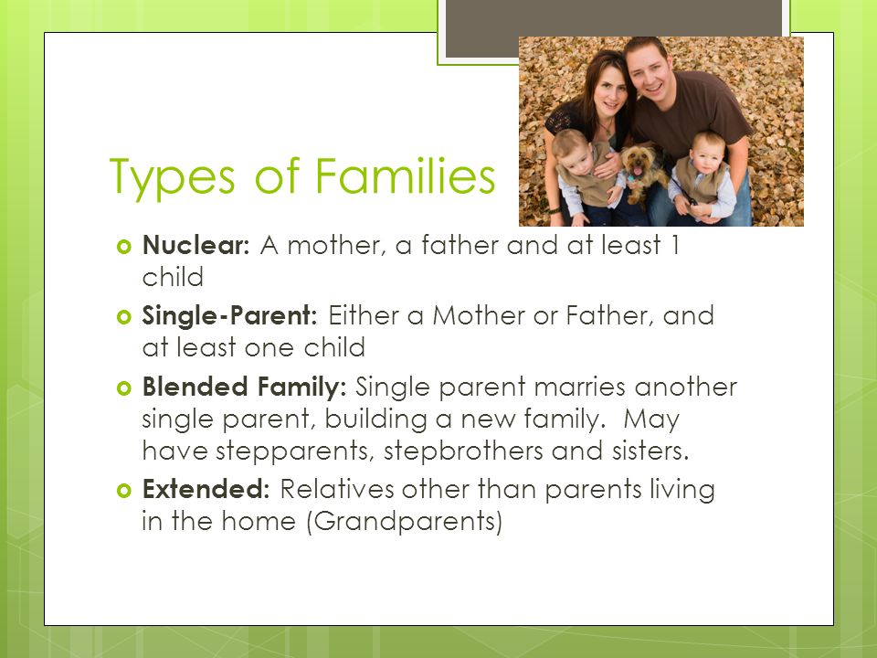 Types of Families  Nuclear: A mother, a father and at least 1 child  Single-Parent: Either a Mother or Father, and at least one child  Blended Family: Single parent marries another single parent, building a new family.