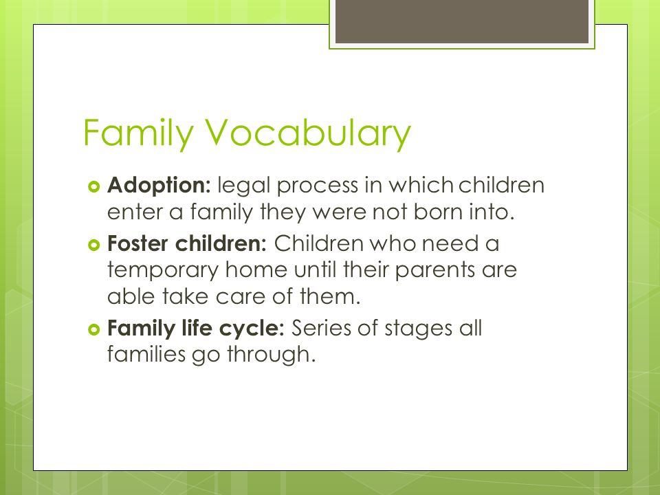 Family Vocabulary  Adoption: legal process in which children enter a family they were not born into.