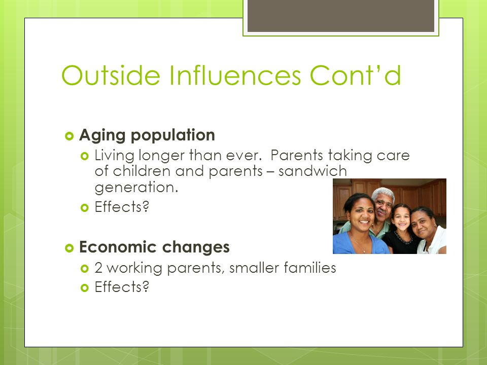 Outside Influences Cont’d  Aging population  Living longer than ever.
