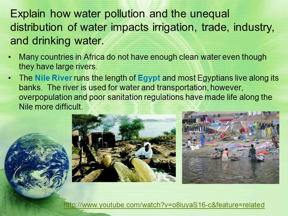 Environmental Issues Africans face many different types of environmental issues –Lack of water –Poor soil quality –Expanding deserts Much of Africa has trouble having enough water for people to live.