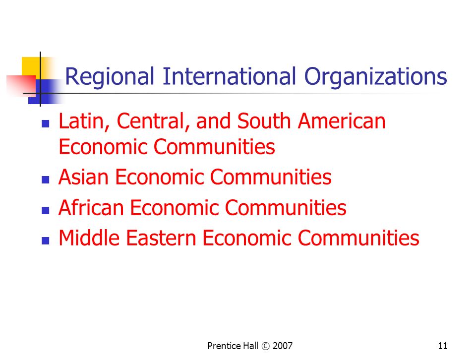Prentice Hall © Regional International Organizations Latin, Central, and South American Economic Communities Asian Economic Communities African Economic Communities Middle Eastern Economic Communities