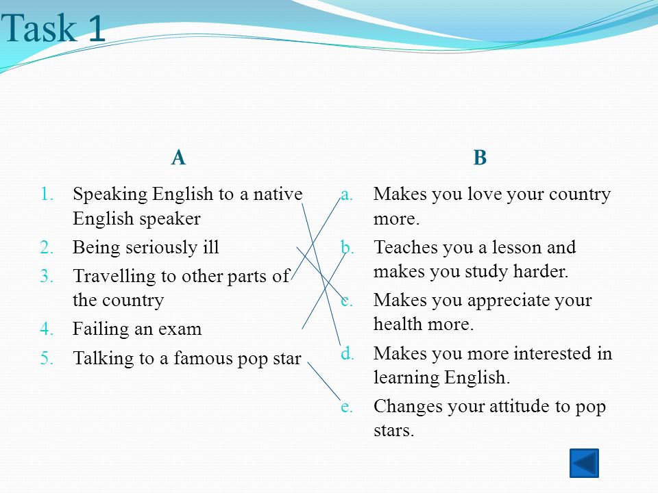 Overview Task 1 Task 2 Task 3 Task 1 A B 1. Speaking English to a native  English speaker 2. Being seriously ill 3. Travelling to other parts of the  country. - ppt download