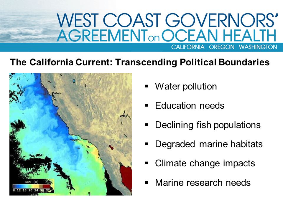 The California Current: Transcending Political Boundaries  Water pollution  Education needs  Declining fish populations  Degraded marine habitats  Climate change impacts  Marine research needs