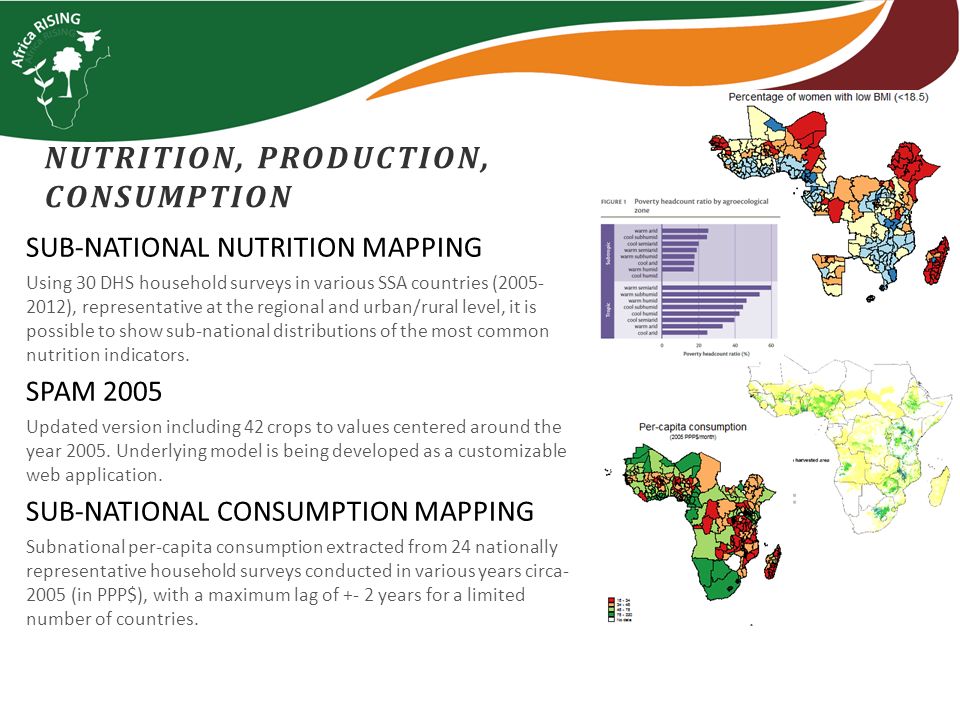 NUTRITION, PRODUCTION, CONSUMPTION SUB-NATIONAL NUTRITION MAPPING Using 30 DHS household surveys in various SSA countries ( ), representative at the regional and urban/rural level, it is possible to show sub-national distributions of the most common nutrition indicators.