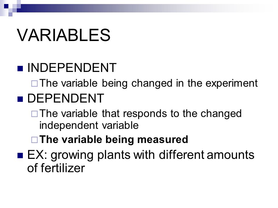 VARIABLES INDEPENDENT  The variable being changed in the experiment DEPENDENT  The variable that responds to the changed independent variable  The variable being measured EX: growing plants with different amounts of fertilizer