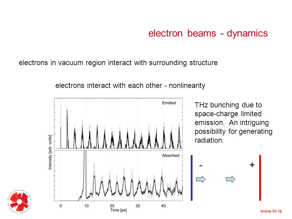 electron beams - dynamics electrons in vacuum region interact with surrounding structure electrons interact with each other - nonlinearity THz bunching due to space-charge limited emission.